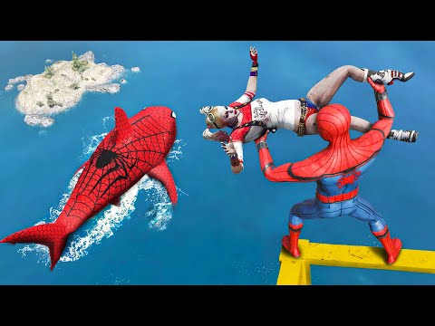 GTA 5 Water Ragdolls | Spider-Shark vs SPIDERMAN & Harley Quinn (Funny Moments)