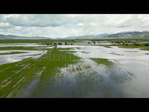 Stock Video - Flying over flooded field in Wyoming as high river runoff flows