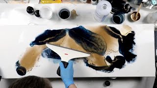 (886) *New* Pour Painting with a Squeegee! Indigo and Gold Acrylic Ink Painting