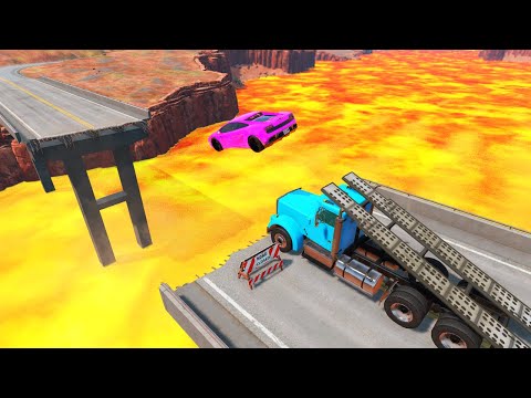 Cars and Ramp Truck vs Lava and Broken Bridge - BeamNG.Drive