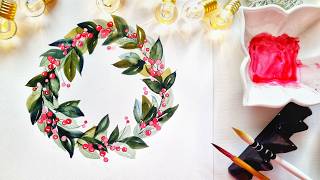 How to Paint in Watercolor Christmas Wreath from layered leaves and red berries