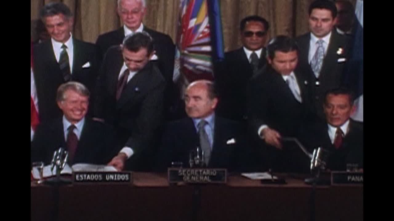 Jimmy Carter signs the Panama Canal treaty in 1977