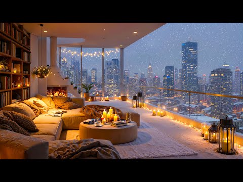 4K Peaceful Winter Night in Luxury Apartment Ambience 🌁 Relaxing Jazz Instrumental Music for Study