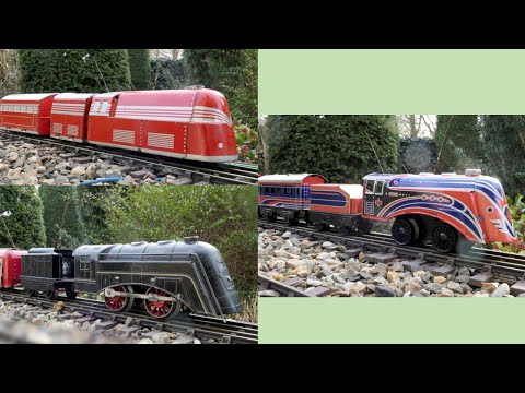 In Deutschland hergestellte kleine stromlinienförmige Uhrwerklokomotiven von Bub, Distler, Dressler