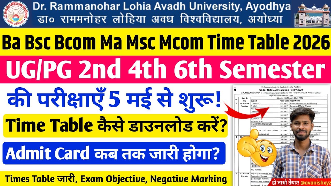 rmlau time table 2026 rmlau ba bsc ma msc 2nd 4th 6th semester exam date 2026 rmlau exam date 2026