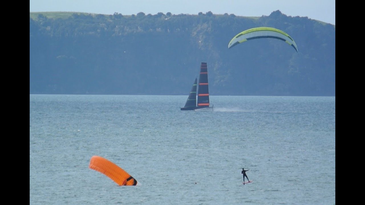 36th America's Cup: Team New Zealand's Te Kāhu and the kiteboarders!