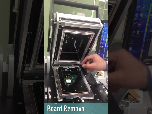 Board placement and removal from test fixture. Removal of the interchangeable fixture cassette.