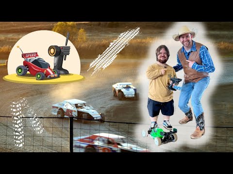 Collage of an RC car race: two men posing with a remote-controlled car on a dirt track, with a cartoon speed car on the left.