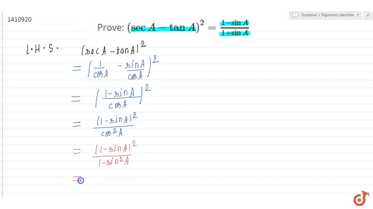 Prove: `(secA-tanA)^2=(1-sinA)/(1+sinA)`