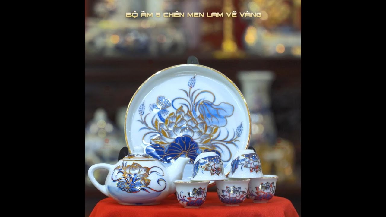 Bộ Ấm Chén Thờ Men Lam Vẽ Vàng Họa Tiết Hoa Sen