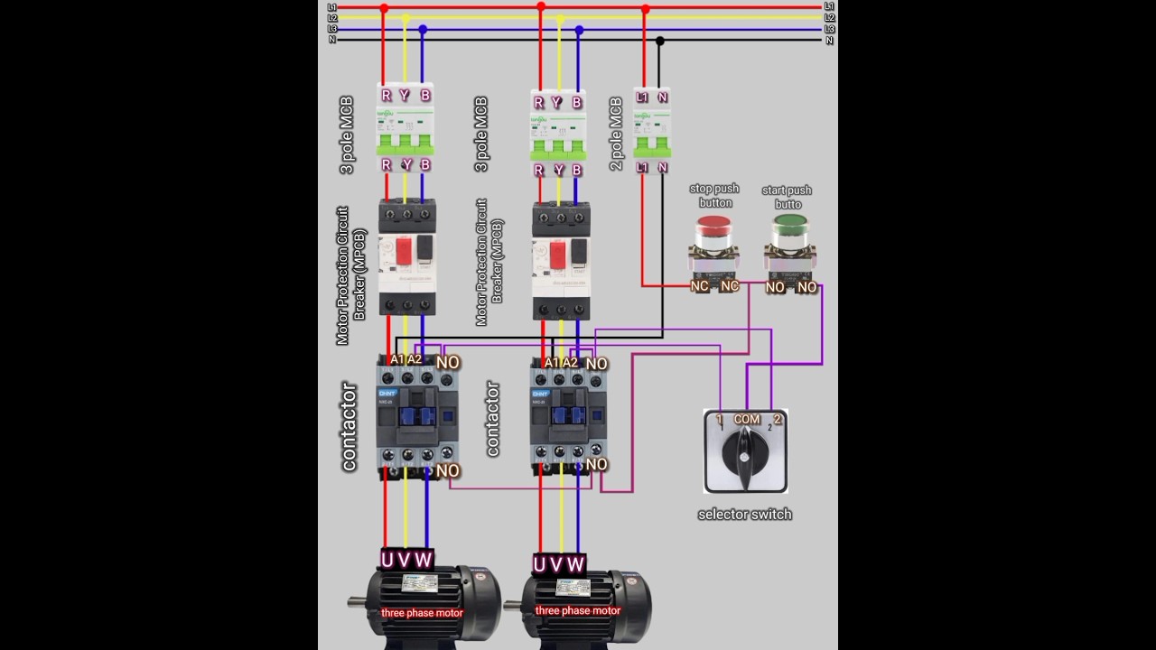 This is a dual motor control wiring diagram with interlocking using a selector switch. Let me break