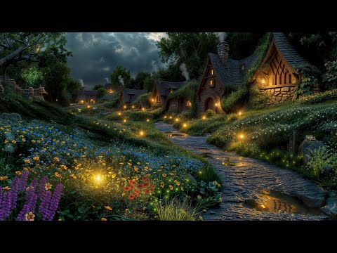 Hobbit Village Ambience🌙Night Time In The Shire, Nature Sounds,  Crickets, Frogs & White Noise