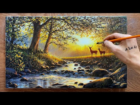 Draw a morning landscape in the forest /#96/ Sunrise landscape painting / Acrylic painting