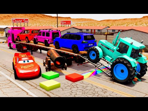 Flatbed Truck McQueen | Transportation with Truck - Pothole vs Car #77 | BeamNG.Drive Gameplay