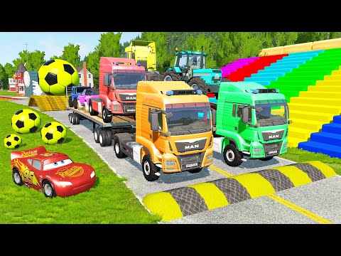 TRANSPORTING PIXAR CARS & FRUITS WITH COLORED & JOHN DEERE vs CLAAS vs TRACTORS - BeamNG.drive #962