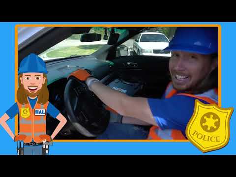 Driver wearing blue hard hat and orange safety vest, smiling, seated at the steering wheel inside a car; cartoon police frame and badge surround the image