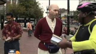 Hare Krishna in Harvard square - Vaisesika distributes books about Bhakti Yoga