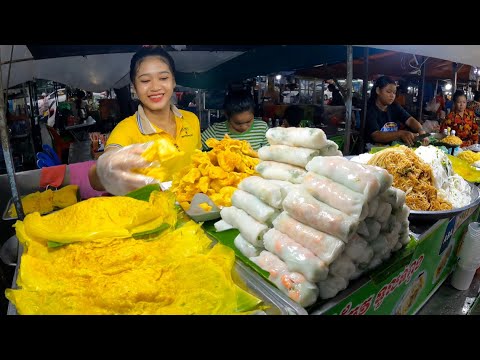 Cambodian street food | Beautiful Girls Selling Delicious Yellow Pancake, Spring Rolls & Noodles