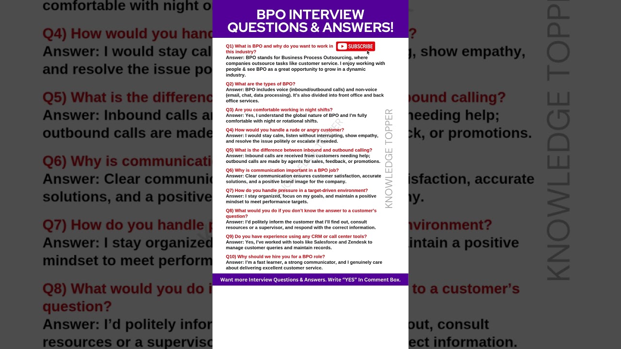 BPO Interview Questions and Answers For Freshers and Experienced
