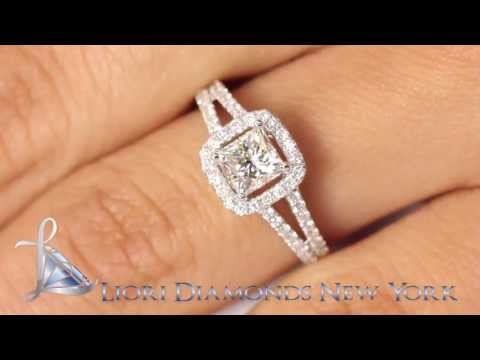 ER-0356 - 1.09 Carat H-VS2 Princess Cut Diamond Engagement Ring 14k White Gold Pave Halo