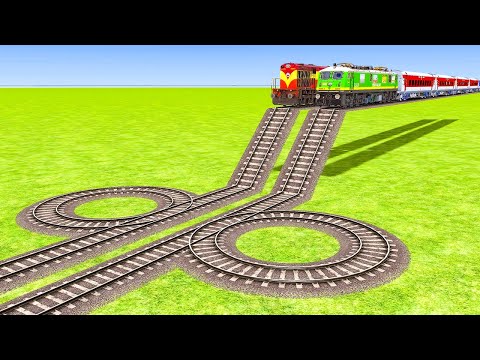 Impossible Double Stairs 360 Degree Overlapping Rail Tracks Vs Trains Crossing - BeamNG.Drive