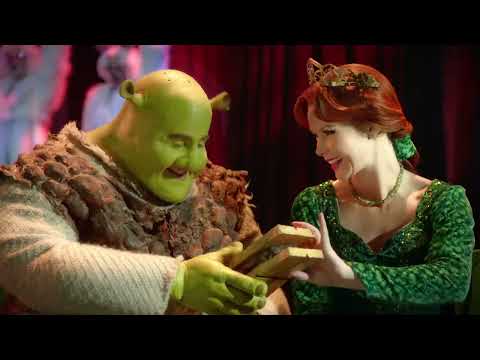 Shrek: The Musical trailer still with Broadway cast in Far Far Away tableau