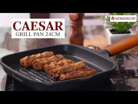 Caesar 24 cm Non-stick Grill Pan with Wooden Handle | Grill Pan Non-Stick | 1.4L | 5mm | Black