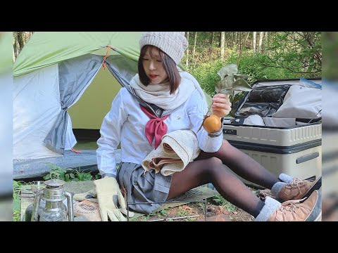 JK制服キャンプ女子バトニングASMR camping solo 女の子 Bushcraft