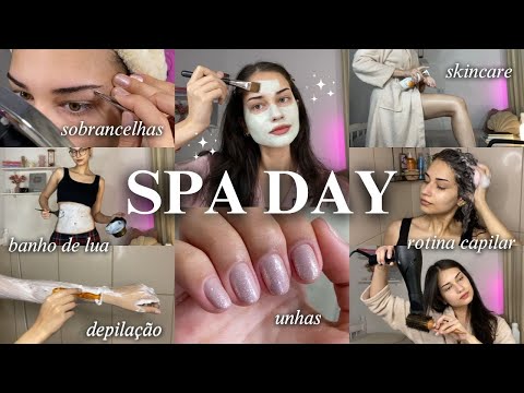 SPA DAY COMPLETO 🧖🏻‍♀️🤍 unhas, sobrancelhas, banho de lua, depilação, rotina capilar, skincare...