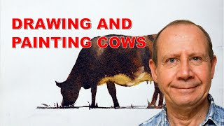 Drawing and painting cows with watercolor, side on view. Cow proportions and key shapes for painting