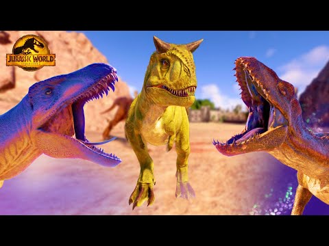 Indoraptor vs Carnotaurus vs Acrocanthosaurus Battle Royale | Jurassic World Evolution 2