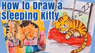 How to Draw A Sleeping Kitty Cat - Kids Art Tutorial