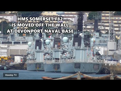 HMS SOMERSET F82 IS MOVED OFF THE WALL AND TURNED AT DEVONPORT NAVAL BASE BEFORE HEADING TO SEA