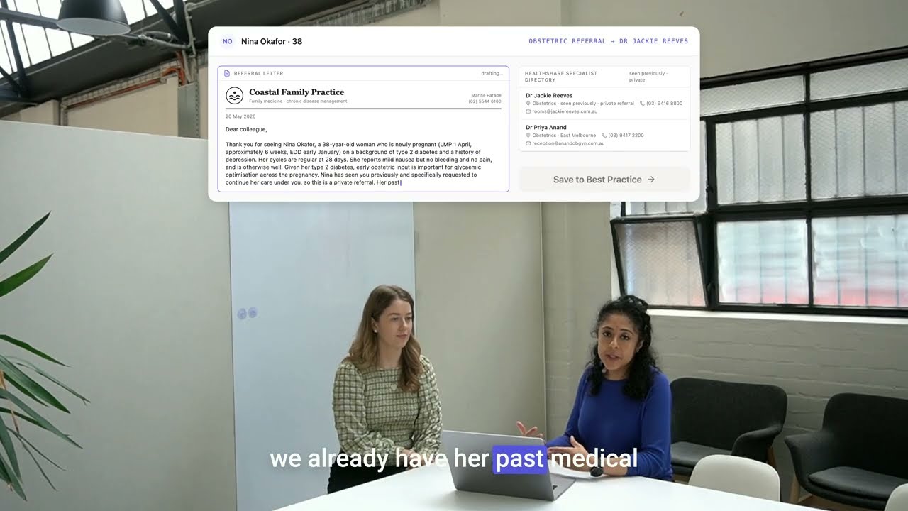 Lyrebird drafting an obstetric referral letter from the consult.