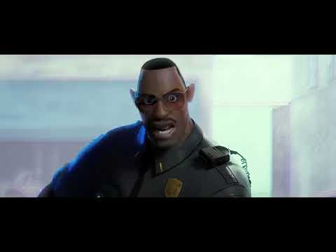 Stylized still from Into the Spider-Verse with Miles Morales suited up against a neon cityscape