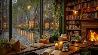 Beautiful March Coffee Shop Jazz 🌧️ Smooth Rain Outside with Fireplace Ambience 