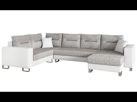 Canapé panoramique tissu gris clair chiné et simili cuir blanc en forme de U convertible avec petit coffre de rangement Lizzio 312 cm