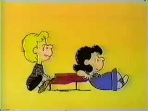 1999 Broadway revival TV commercial frame with the Peanuts gang silhouettes and bright stage colors