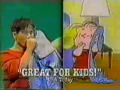 TV spot still: blocky primary colors and bold type promoting the 1999 Broadway revival