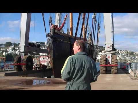 Pilgrim is lifted out at Polruan for her winter maintenance.
