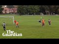 Spectacular overhead kick goal in amateur football match
