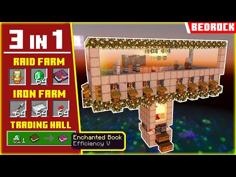 3 in 1 - RAID FARM + IRON FARM + TRADING HALL (1.20+) Minecraft Bedrock — Minecraft farm tutorial thumbnail
