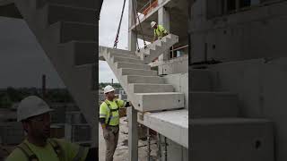 Precast Stair Flight Installation — lifting anchor, crane sling, neoprene bearing pad, landing slab