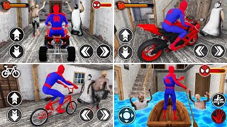Playing as SpiderMan Compilation - Driving on Motorcycle, Bicycle, ATV Bike and Boat in Granny House