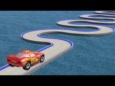 Lightning McQueen Vs Impossible Snake Shape Bridge Crossing Cars Vs Deep Water - BeamNG.Drive