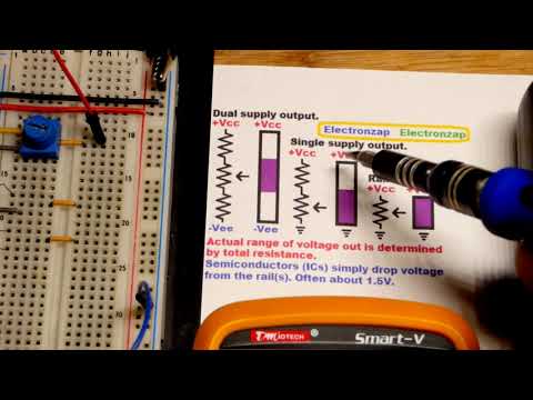 Trimpot demo of rail to rail and single or dual supply outputs learning electronics lesson 0069