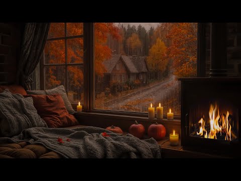 Autumn rain for relaxing soul🍂Rain falling on window, thunder, burning fireplace for peaceful sleep😪