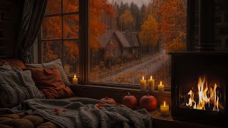 Autumn rain for relaxing soul🍂Rain falling on window, thunder, burning fireplace for peaceful sleep😪