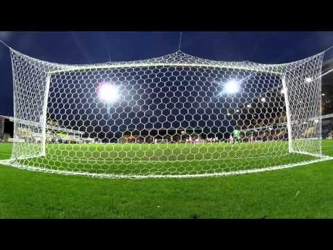 BEHIND THE GOAL: James Baxendale scores against Stevenage. 9Jan2016