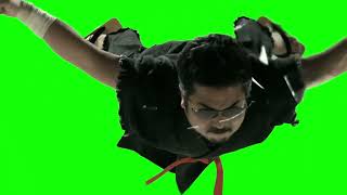Katsuhiro Harada breaking through glass green screen